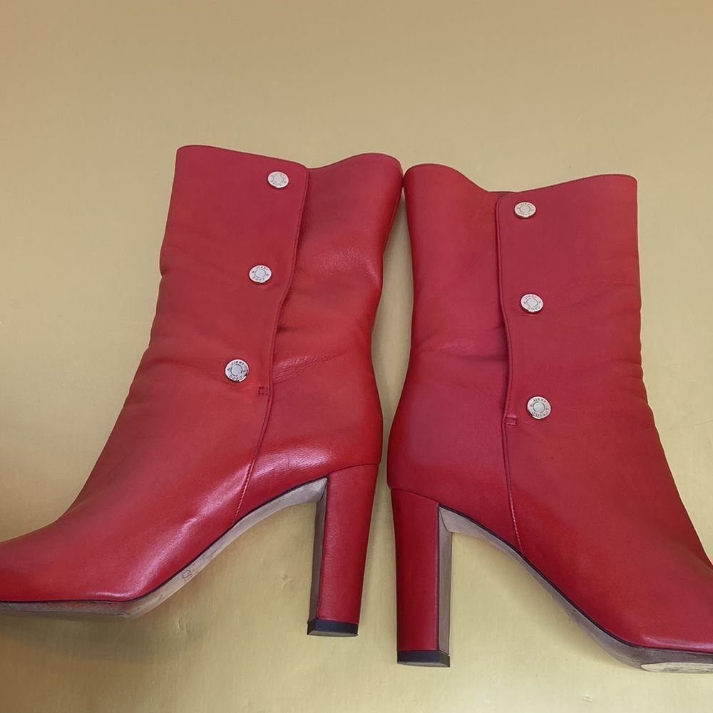 Jimmy Choo Boots Dayno Leather Mid Calf Vibrant Red Gold Button Closure Boots - Picture 8 of 16
